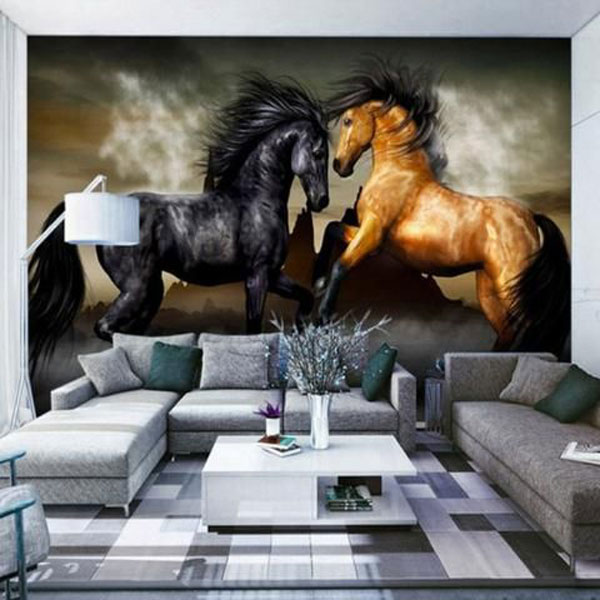 تزیین اتاق نشیمن با پوستر سه بعدی دیواری طرح اسب‌های وحشی