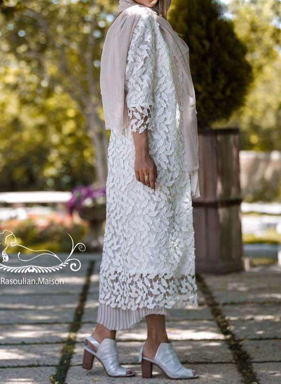 مدل مانتو مجلسی گیپور سفید بلند