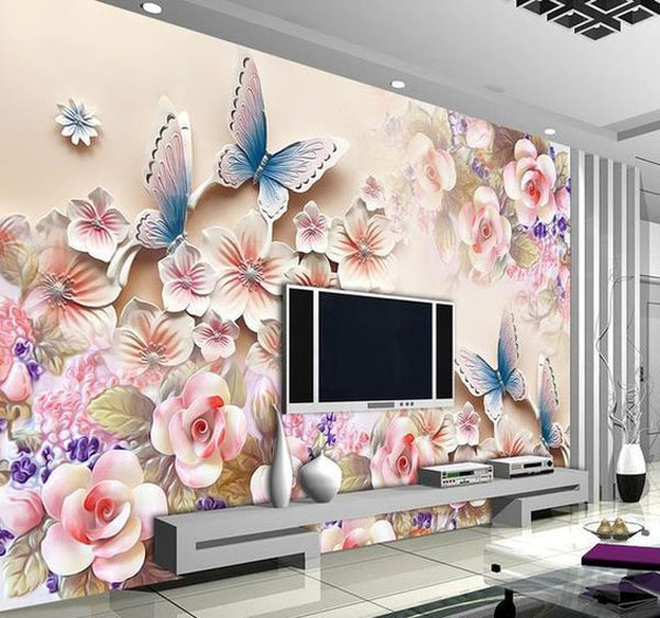 پوستر سه بعدی دیواری مناسب برای پشت تلویزیون با طرح گل و پروانه