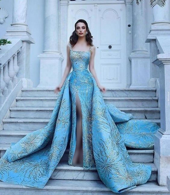مدل لباس مجلسی پرنسسی بلند آبی کار شده