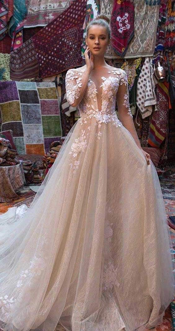 مدل لباس عروس شامپاینی آستین بلند