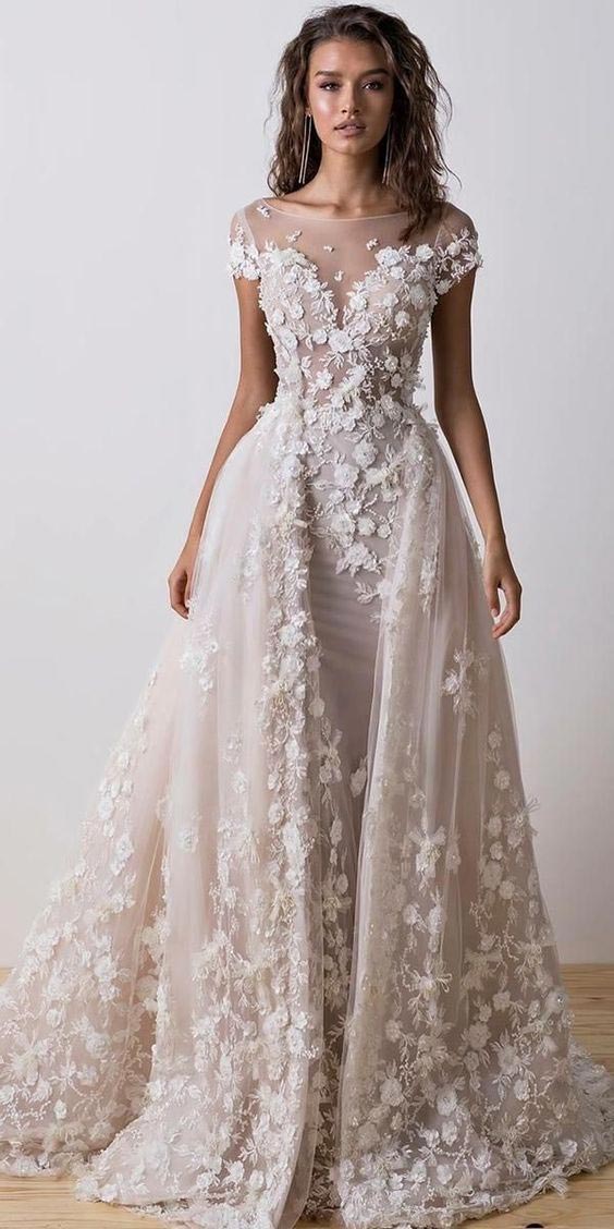 مدل لباس عروس شامپاینی گل برجسته