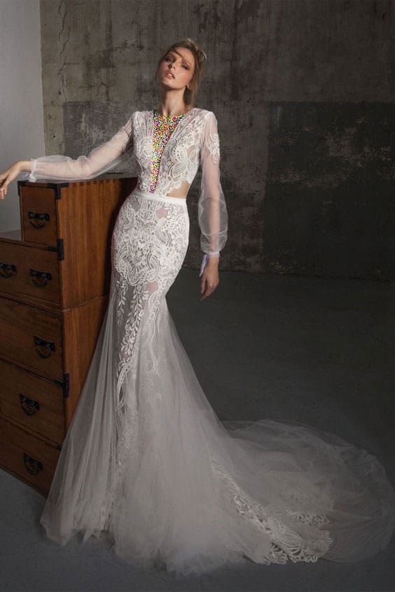 مدل لباس عروس گیپور آستین پفی