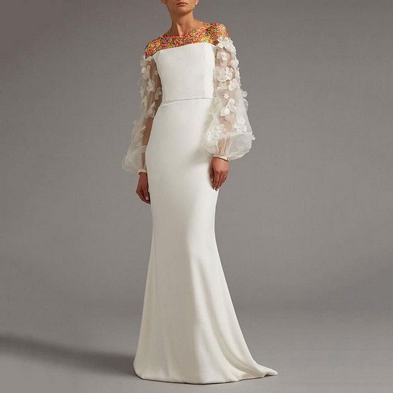 لباس عروس آستین پفی گل برجسته
