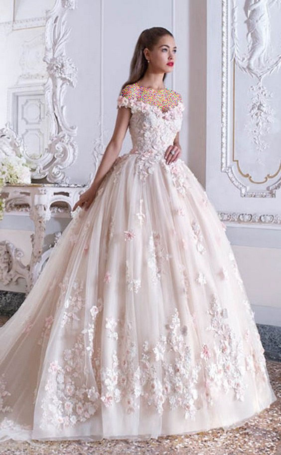 لباس عروس پرنسسی صورتی گل برجسته