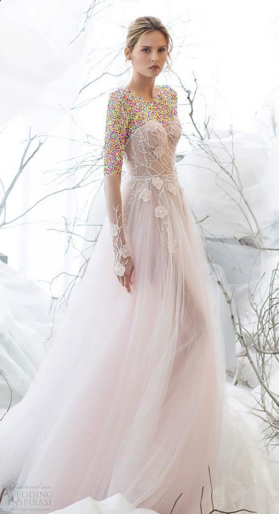 لباس عروس صورتی آستین بلند گل برجسته