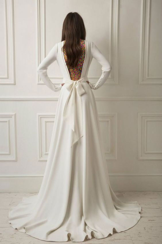 لباس عروس آستین بلند پاپیون دار پشت باز