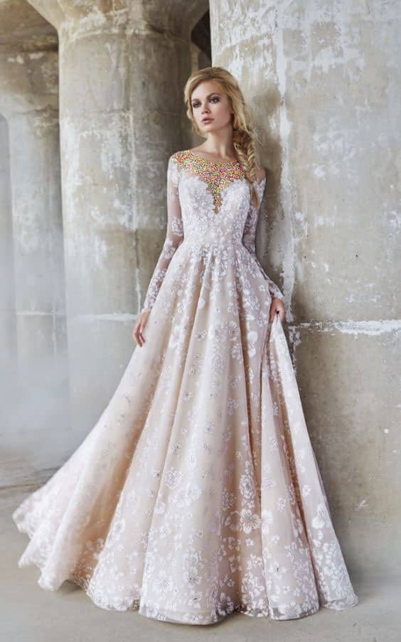 مدل لباس عروس گیپور آستین بلند شامپاینی