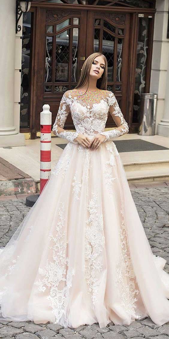 مدل لباس عروس شامپاینی آستین بلند گیپور