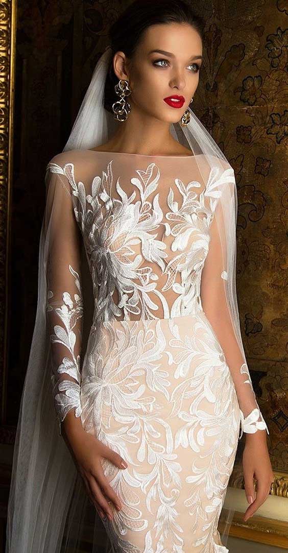 مدل لباس عروس شامپاینی گیپور آستین بلند