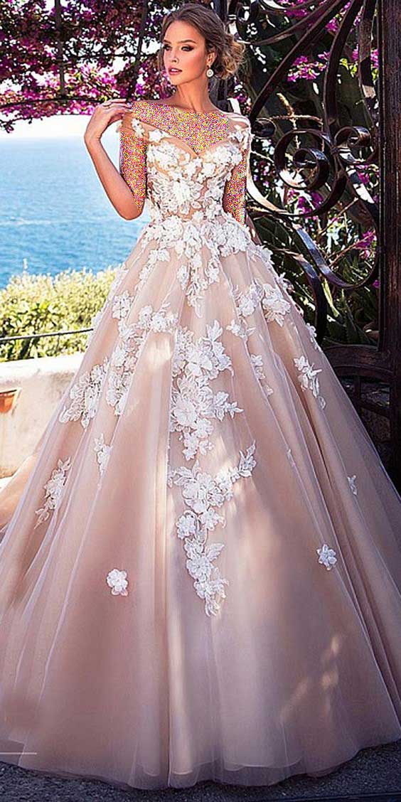 لباس عروس صورتی گل برجسته پرنسسی