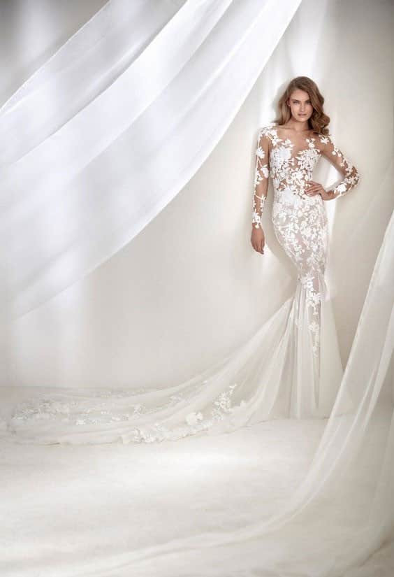 لباس عروس مدل ماهی گیپور آستین بلند