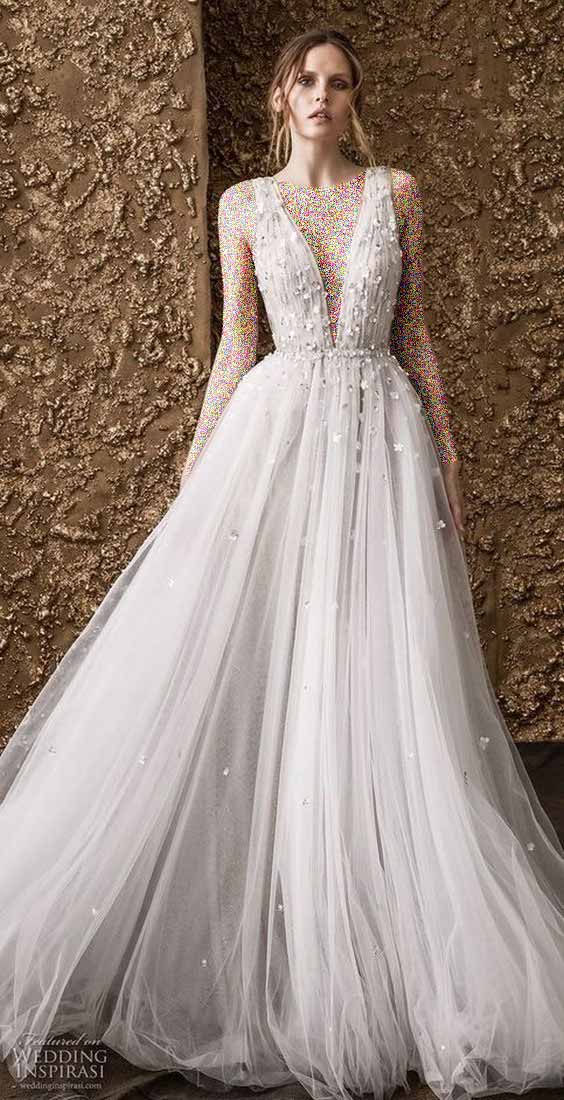 مدل لباس عروس یقه هفت گل برجسته 