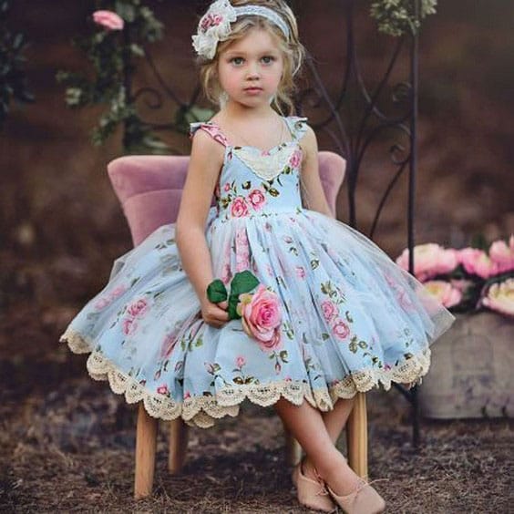 مدل لباس عروس بچه گانه آبی گلدار