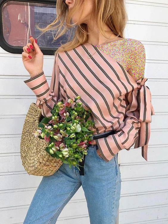 مدل شومیز دخترانه صورتی راه راه