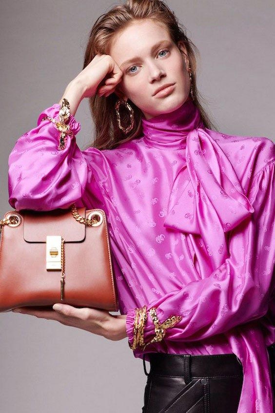 مدل شومیز مجلسی ساتن بنفش یقه ایستاده آستین پفی