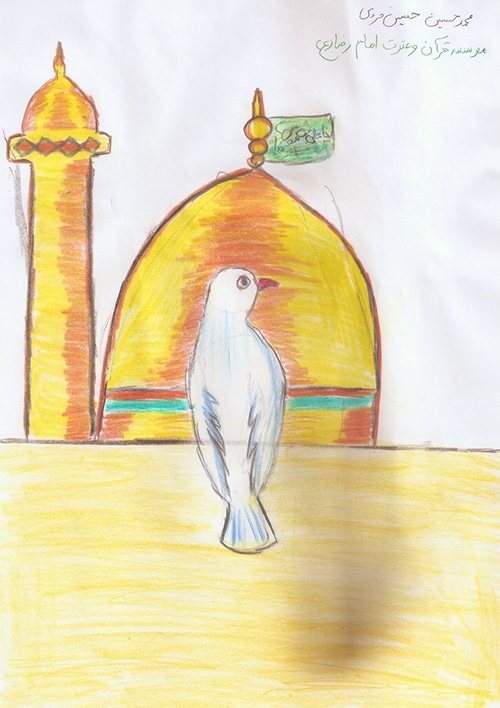 نقاشی کودکانه درباره کبوتر حرم امام رضا (ع)